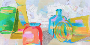 Five glass vases of green, yellow, red, and blue painted and collaged to show form. Patterned collage papers make up some of the background and some of the shadows.