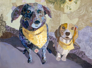Two adorable dogs rendered in three dimensional form with paint and paper. The larger dog is in purples and blues. The smaller dog is in yellows and golds. The two dogs are sitting at attention as if awaiting a treat.
