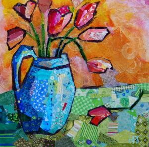 Acrylic and collage pop art mixed materials art picture of a blue vase with handle. There are red patterned tulips in the vase with one tulip on the table.
