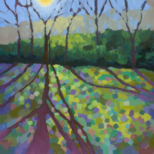 Abstract trees in fall after they have lost their leaves. The afternoon sun is shining behind them creating long shadows in the foreground. The leaves are dots of colored paints for visual interest. All done with acrylic paints