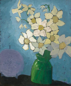 Daffodils in a green vase with a purple plate to the left; all sitting on a dark table with blue background. Done with part collage, part acrylic paints.
