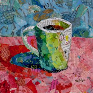 Lime coffee mug in sunlight on a red table with blue background all done wtih patterned collage papers. The image looks 3-D because of light and shadow created with papers.