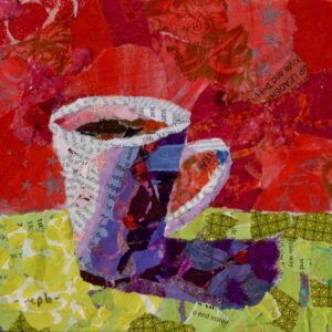White coffee mug with purple shadow on a lime table with red background done in collage papers. It has 3-D form as if painted.
