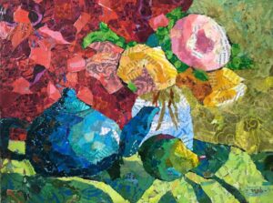 Heavily patterned collage of a teapot on a table with a pear and a vase of pink and yellow flowers. The background is red and green patterned collage papers.