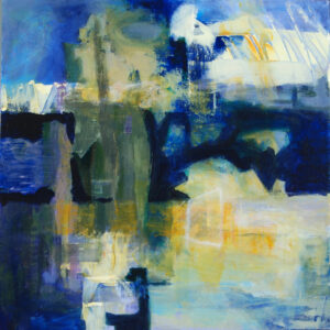 Blues and yellows in unique abstract shapes. Darks, lights, and interesting marks make this a joy to keep looking at.