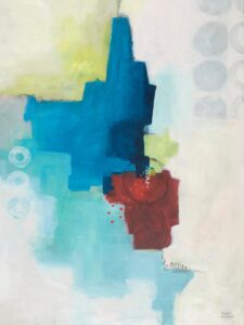Abstract with large teal blue shape with slightly smaller deep red shape near a pale turquoise shape on a whiteish background. There is a center of interest created with black and white fineline paints. Straight lines and circles are the dominant shapes.