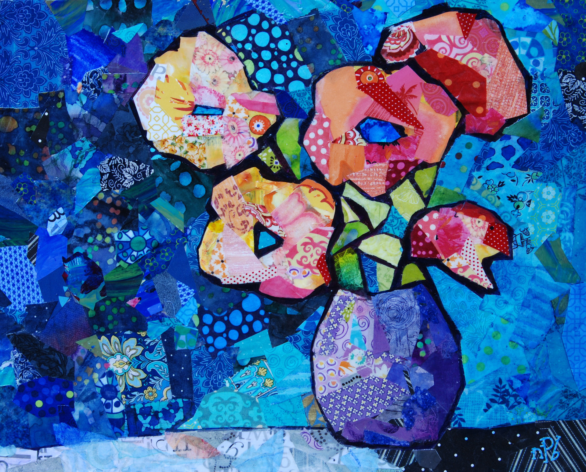 Blushing Blossoms floral painting with vivid colors and paper