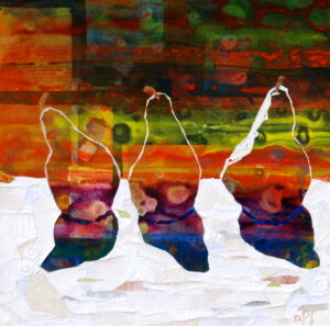 Three pears suggested by paper outlines on a background of reds and greens. The foreground is white collage papers arranged to create the pears' shadows.