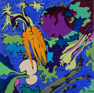 Orange carrots, purple beet, lime onions, white radishes, green lettuces, and green asparagus on a purple background