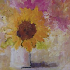 Soft sunflower painted with quick brush strokes to give a painterly effect. Hints of pink flowers are behind it. The vase is white and the background is a lovely neutral beige.