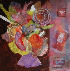 Abstract burgundies and purples, red and yellows; layers of rice paper and transparent collage papers create the idea of a vase of flowers. Three boxes with abstract images are on the right side of the painting for visual interest
