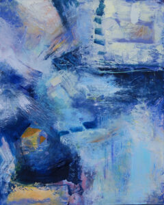 Blues and yellow abstract acrylic shapes that resemble ships at sea. There is a little house on land that is visible as well.