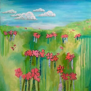 Coral floral forms with torn paper stems in a field of grass after rains. Paper clouds drift by while drips of paint are interspersed with the flowers.