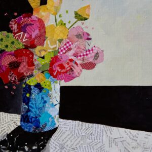 Pink and Yellow flowers in a blue vase created with collage paper and acrylic on board.