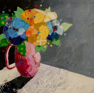 A red vase with blue and yellow flowers created with paper and acrylic paint.