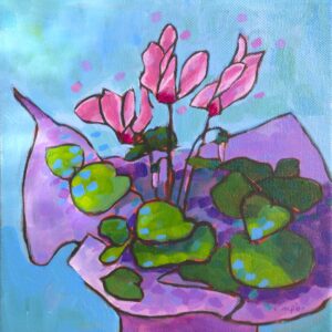 Cyclamen in pink bloom painted with acrylic paints. The leaves are green with blue bits of light dancing off them. The pot has a purple wrapping around it.