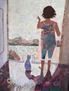 Image of a child with a cat looking out at front door, backlit. Created with collage papers and acylic paints.